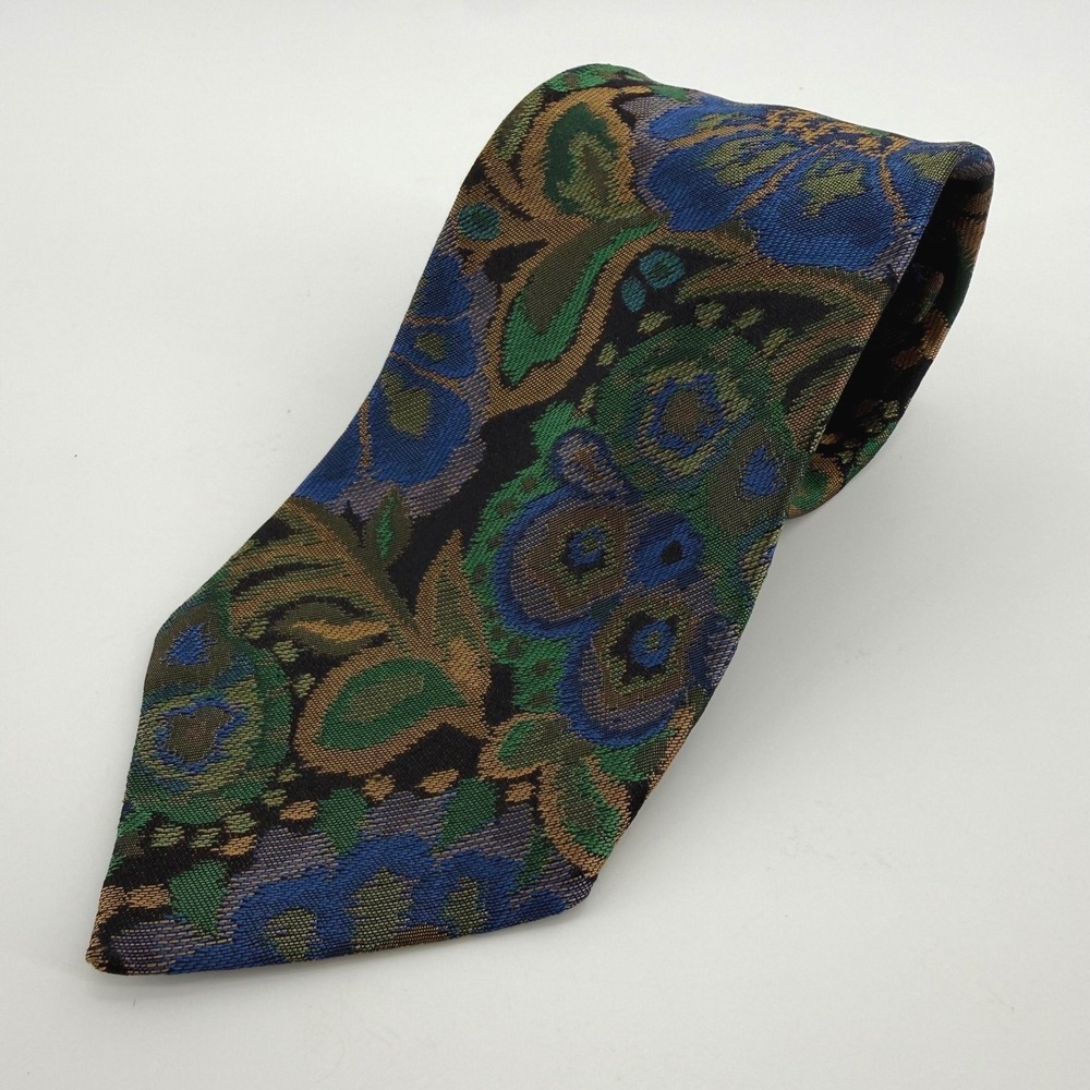 Vintage Gianni Versace Silk Tie 90s Baroque Floral Jacquard‎ Blue Green Spain